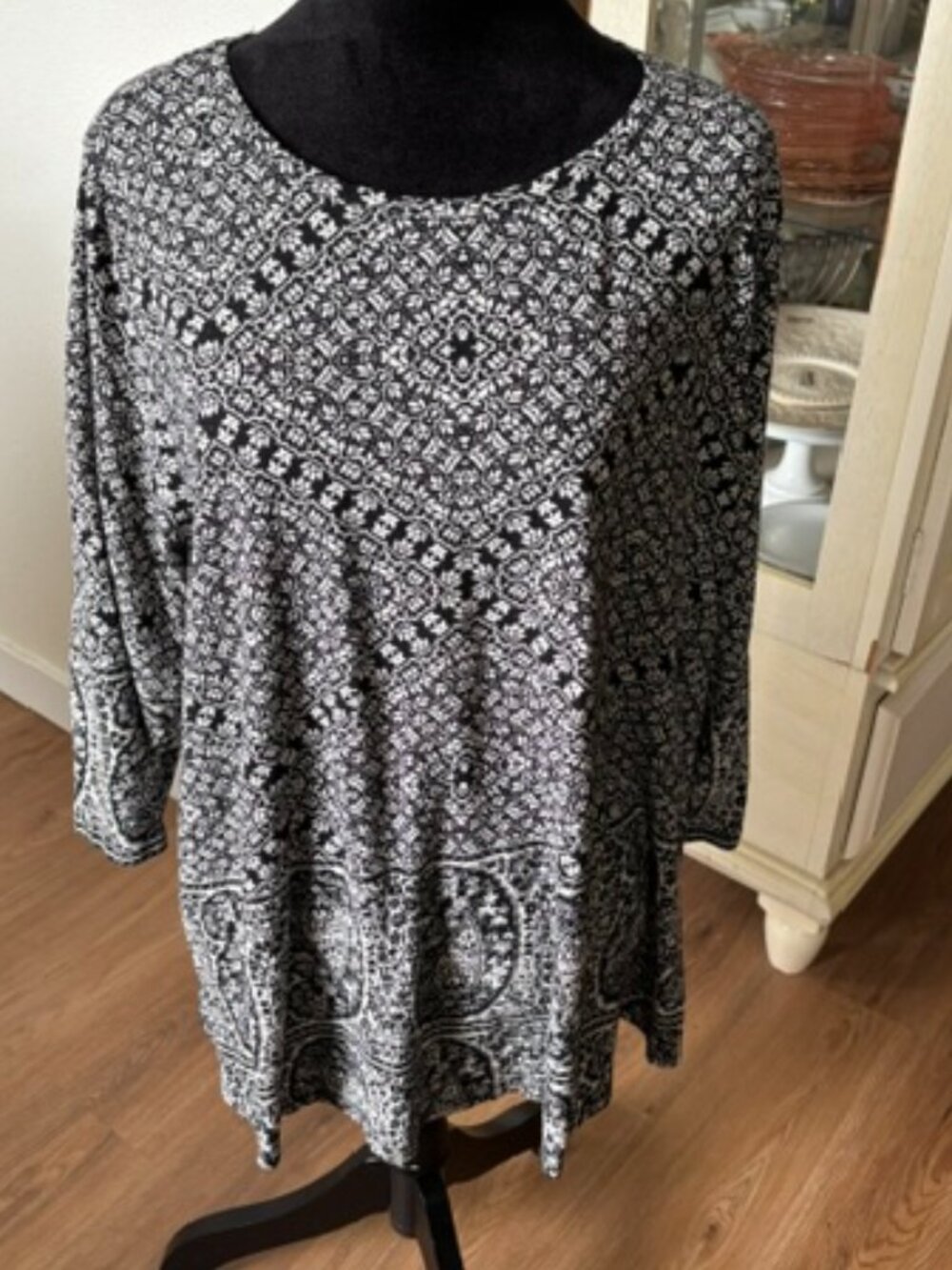 Lucky Brand Navy Blue Geometric Paisley Print Tunic 3/4 Sleeve Boho EUC 3X